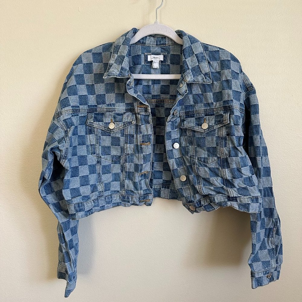 Forever21 Cropped Checkered Jean Jacket | Size L